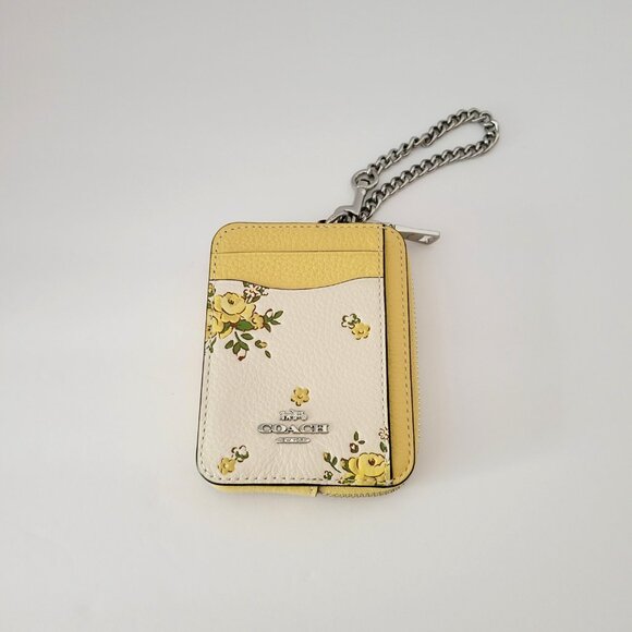 Coach CAU44 Zip Card Case Floral Print Leather Mini Wallet Chalk Multi - Picture 2 of 6